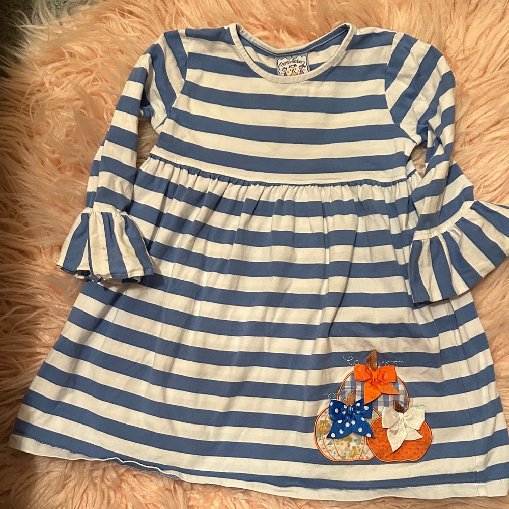 Three Sisters Blue and White Striped Dress with Pumpkin Appliqué